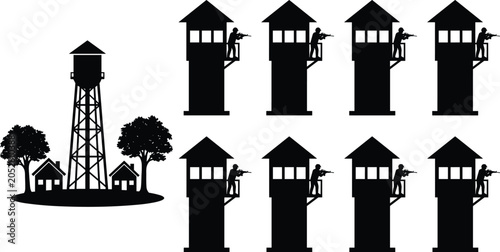 Картината върху платно Security Watchtower and Guard Post Silhouette Collection with Surveillance Prote