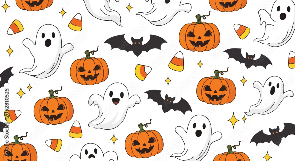 Fototapeta premium Seamless Pattern Featuring Smiling Orange Pumpkins Friendly White Ghosts Flying Black Bats Candy Corn and Tiny Stars on White Background