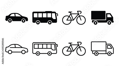 Foto Set of transportation icons, car, bus, bicycle and truck, solid and outline styl