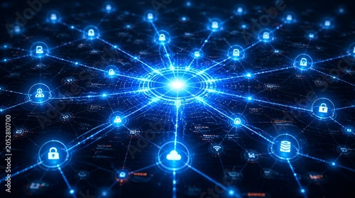 Secure global network nodes connected with digital lock icons.