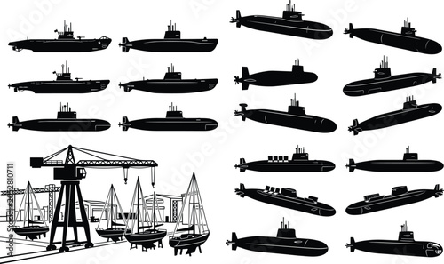 Photos Submarine Fleet and Naval Shipyard Silhouette Collection with Underwater Vessels