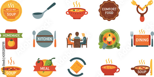 Foto Soup and Comfort Food Dining Collection Vector Set Isolated on White Background