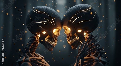 Two skeletal figures with glowing eyes and accents, in a forest, surrounded by golden particles