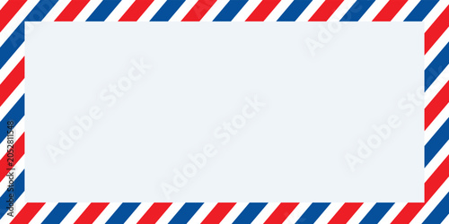 Airmail envelope frame with blue and red stripes on white background. International vintage letter border. Retro air mail postcard. Blank envelope.