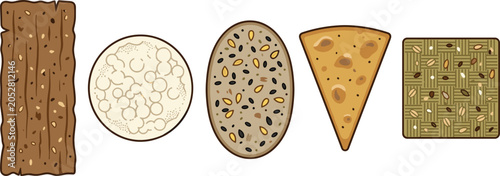Healthy crispbread and cracker biscuit vector illustration set featuring organic grain snacks like whole wheat rye sesame rice cake and tortilla chips icons