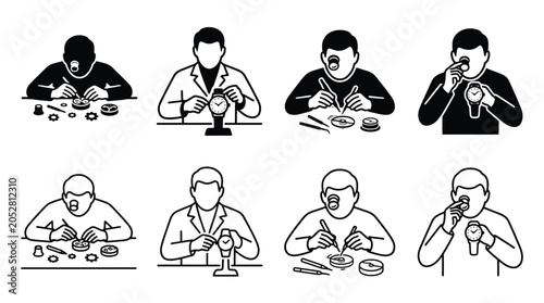 Принти на полотні Set of watchmaker icons, repairman working with watch mechanism, clockmaker with
