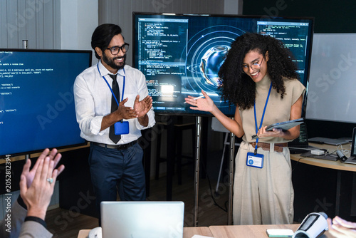 фотографія Engineer team clap hand for success presentation of digital quantum computing software project