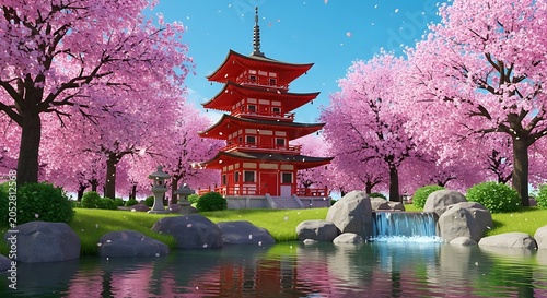 Vibrant cartoon scene of a pagoda amidst cherry blossoms beside a serene pond
