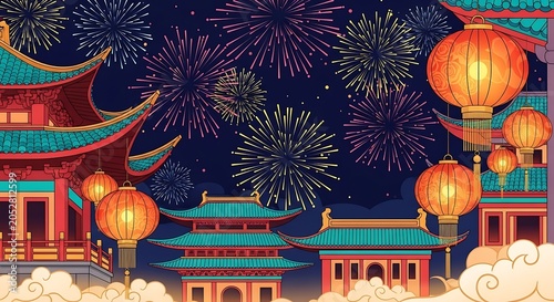 Vibrant illustration of a Chinese New Year celebration with fireworks and lanterns over stylized buildings