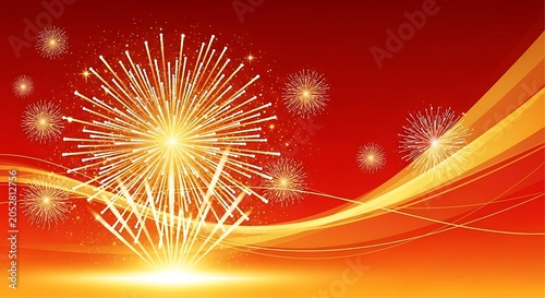 Vibrant illustration of golden fireworks bursting on a gradient red and yellow background
