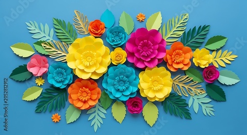 Vibrant paper flowers and leaves in various colors arranged on a blue background