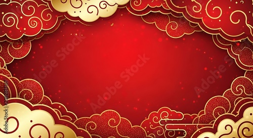 Vibrant red background with ornate gold-trimmed cloud border, with space for text
