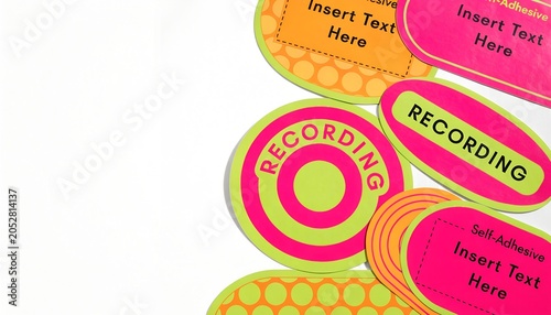 Colorful Retro Recording Stickers and Labels on White Background.