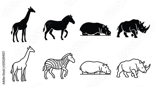Bild auf Leinwand Set of african animals silhouettes and line art icons, giraffe, zebra, hippopota