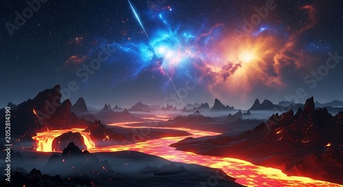 Vivid cosmic scene with river of lava flowing towards stellar explosions under a starry sky