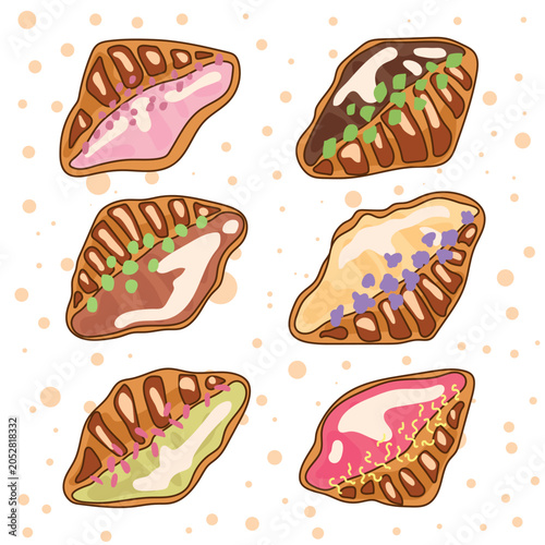 Hand drawn croissant collection with assorted sweet toppings and fillings. Cute bakery doodle illustrations featuring strawberry, chocolate, vanilla, pistachio and berry flavored pastries. 