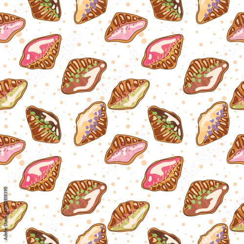 Seamless pattern with hand drawn sweet croissants decorated with colorful icing, chocolate, vanilla, pistachio and berry toppings. Cute bakery doodle background for packaging and textiles.