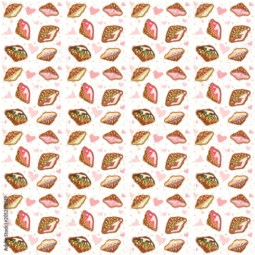 Seamless pattern with hand drawn sweet croissants decorated with colorful icing and toppings. Cute bakery doodle design with pastel hearts for fabric, wrapping paper, stationery, packaging prints.