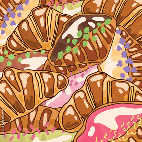Colorful background illustration featuring assorted croissants with fruit flavored fillings and sweet toppings. 