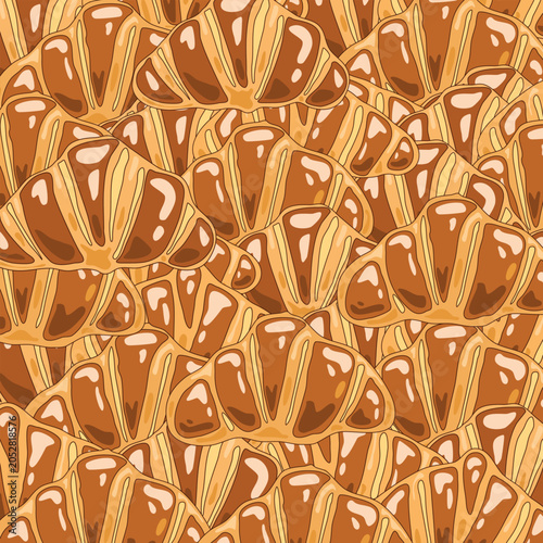Illustration featuring a dense arrangement of golden buttery croissants filling the entire composition. Warm bakery inspired food background with layered pastries and rich baked tones.