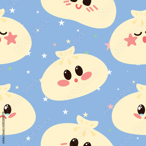 Adorable kawaii pattern featuring cute khinkali dumpling characters with expressive faces on a pastel blue background filled with colorful stars. 