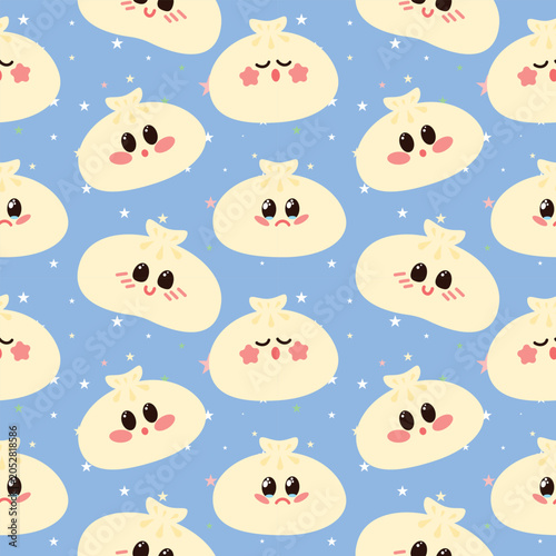 Seamless kawaii pattern featuring adorable khinkali dumplings with different facial expressions on a pastel blue background decorated with colorful stars. 