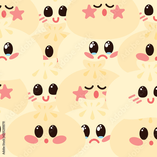 Seamless kawaii pattern featuring adorable khinkali dumpling faces with different emotions and expressions. Cute cartoon food characters inspired by traditional Georgian cuisine. 