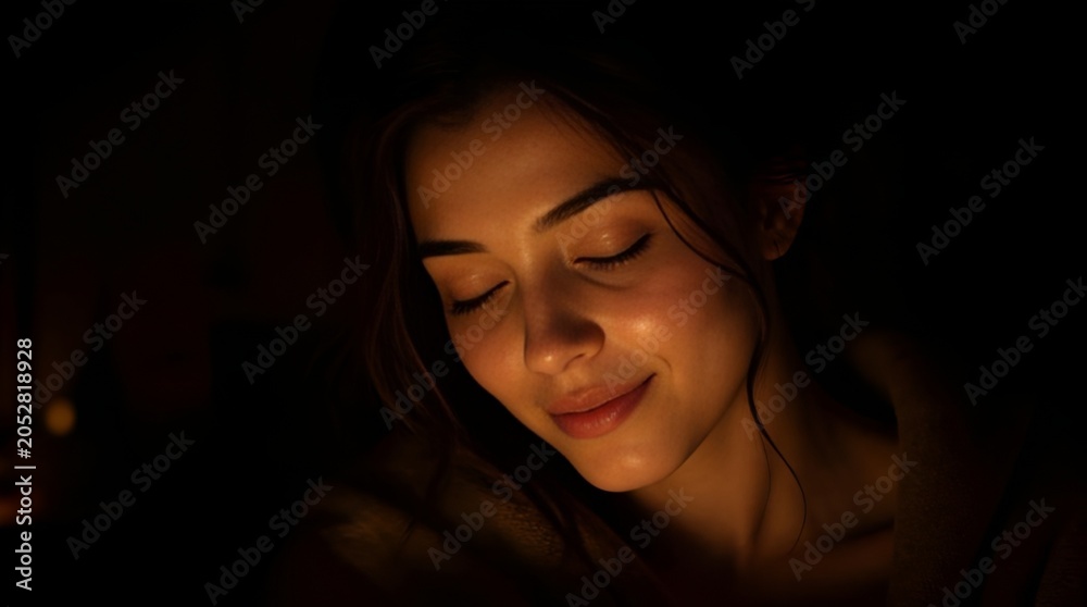 Fototapeta premium Young woman relaxing with closed eyes in warm lighting.