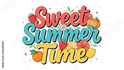 Colorful summer vacation text with tropical design elements