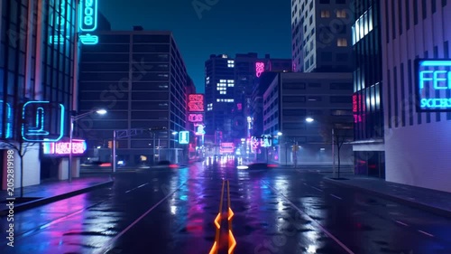 Tracking shot of cars driving down wet neon lit downtown street with reflective puddles at night in urban cityscape