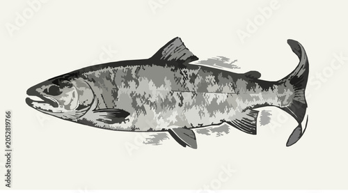 Foto Antique Seafood Salmon Fish Line Art Illustration in Retro Engraved Vector Style