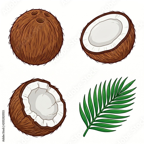 Coconuts and palm leaf illustrations in four different views.