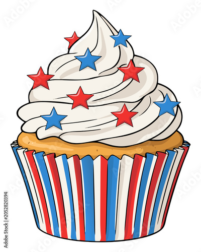 A cartoon illustration of a cupcake with white frosting swirled on top, decorated with red and blue stars, and a striped liner in red, white, and blue