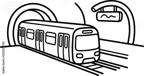 Subway train emerging from tunnel in minimalist line art style