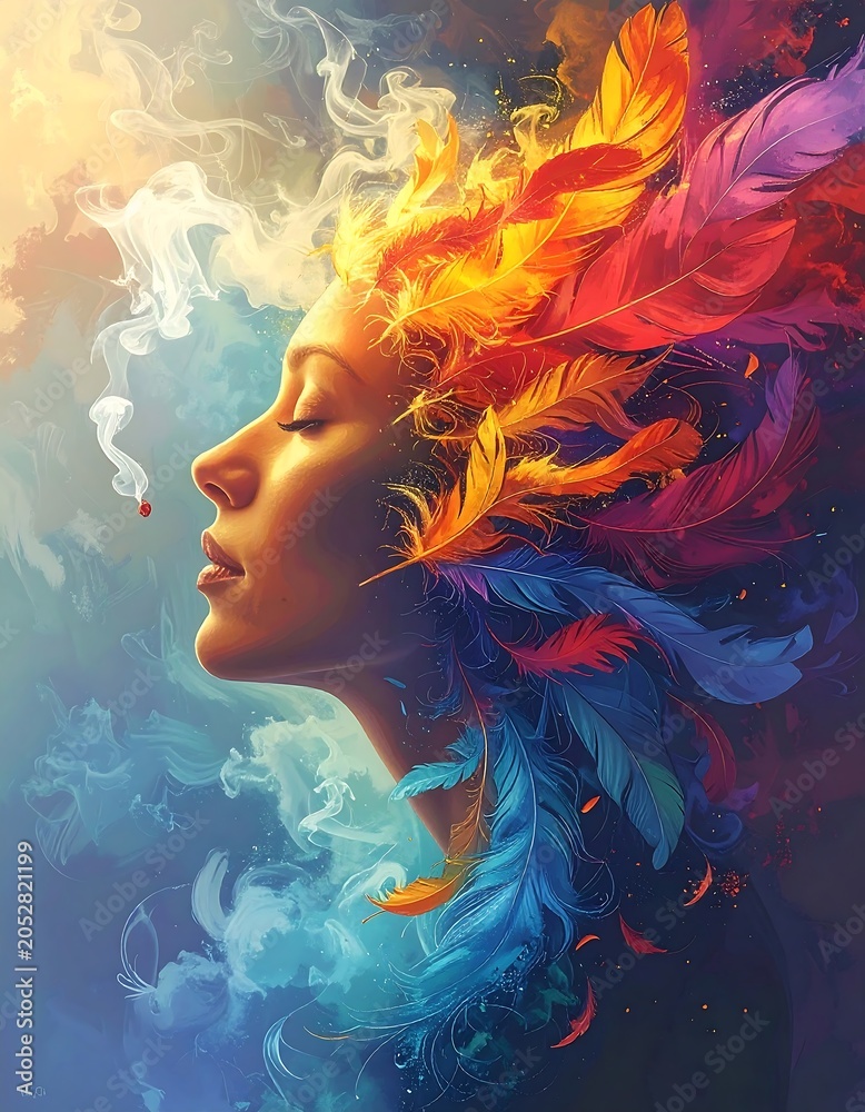Fototapeta premium Woman with colorful feathers and smoke art portrait digital illustration