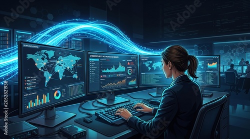 Cybersecurity Network Dashboard Displayed On Multiple Computer Monitors Digital Illustration