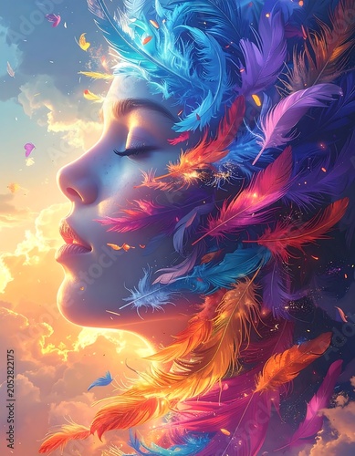 Woman with colorful feathers portrait in the sky with vivid colors and soft lighting