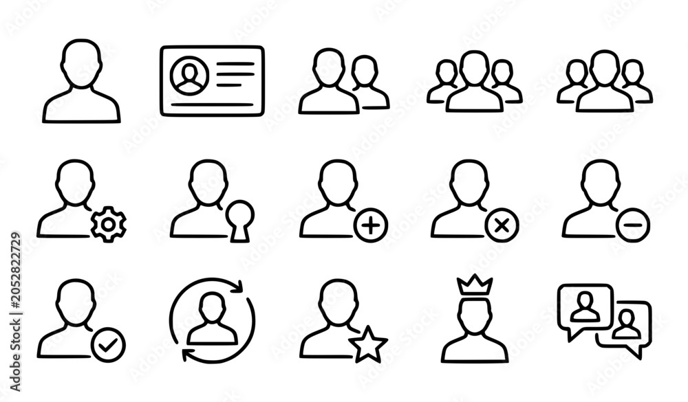 Fototapeta premium A collection of minimalist black line art user and profile icons, representing people, group, add user, remove user, user settings, VIP user, and chat symbols, simple clean outline style, vector illus