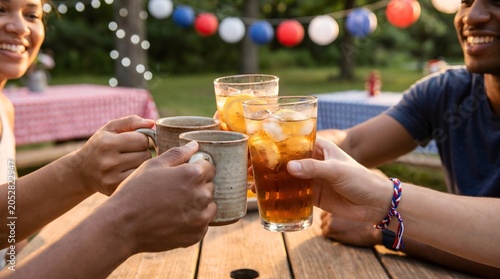 Diverse Friends Toasting Drinks, Celebrating Togetherness at Summer Backyard BBQ Party