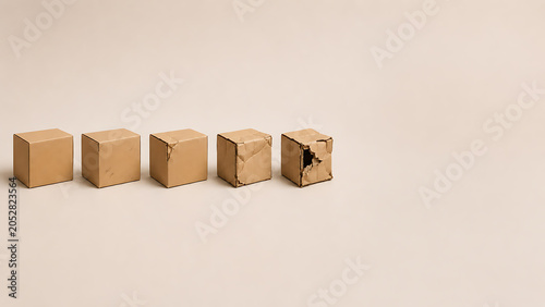 Progressive corner damage on five small cardboard boxes on neutral background with cardboard delivery shipping progression lifecycle logistics transport condition mishandling