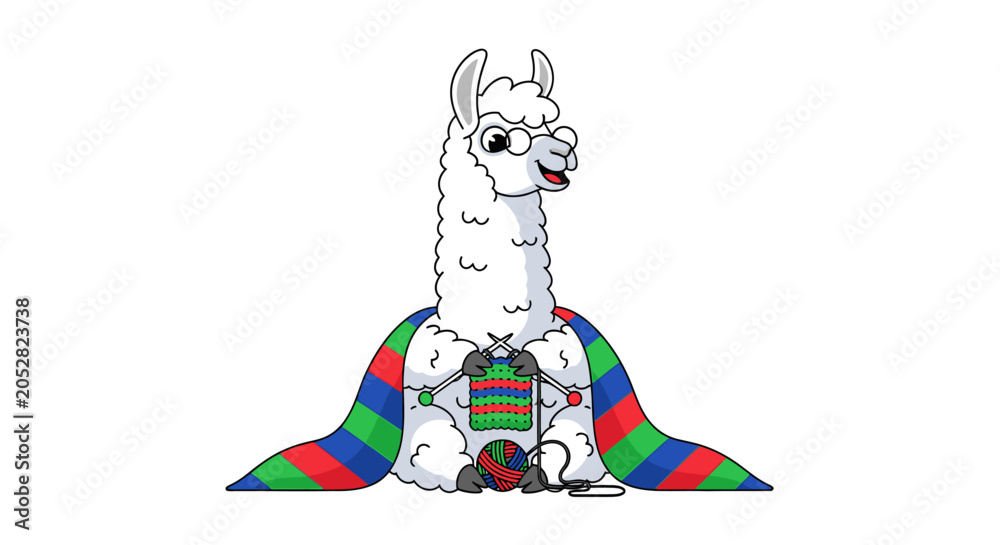 Fototapeta premium Cute llama knitting a cozy sweater with colorful yarn and needles