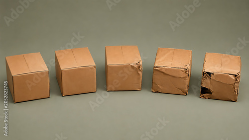 Square delivery package corner damage progression concept with cardboard delivery shipping progression lifecycle logistics transport handling commerce warehouse protection