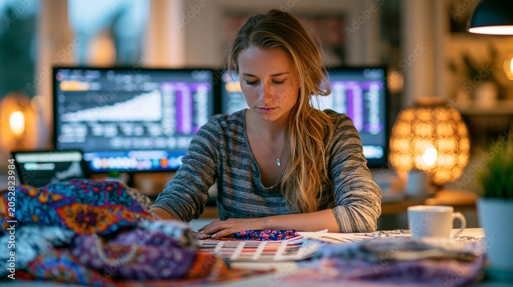 Fototapeta premium Medium shot of a remote fashion merchandiser focused on fabric samples with blurred background of dual monitors displaying budget forecasts in a cozy home office lit by soft