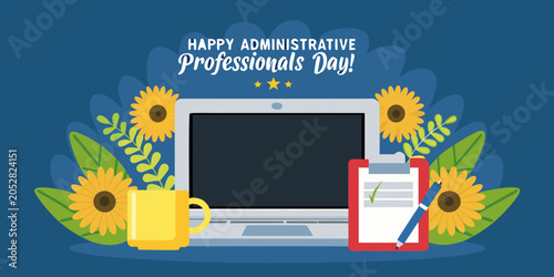 Cuadro en lienzo Laptop with sunflowers and clipboard administrative professionals day illustrati