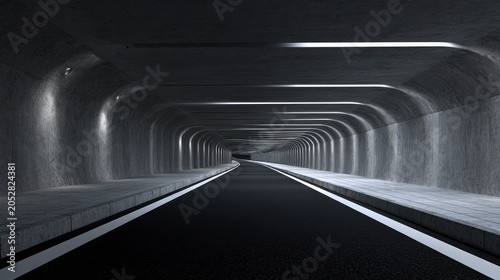Illumination streaks define the long, curving path through a modern concrete transportation passage