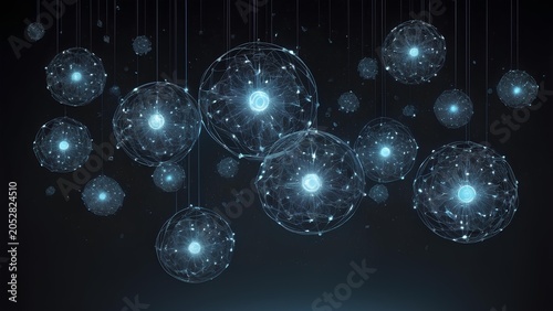 Abstract Representation of a Modern Artificial Intelligence Ecosystem with Glowing Network Spheres on Dark Background