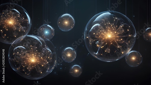 Abstract artificial intelligence ecosystem with glowing neural network nodes inside floating glass spheres