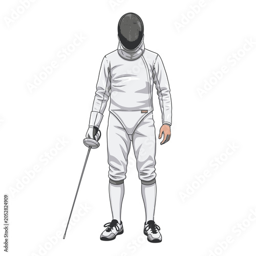 Fencer Athlete in Protective Gear with Sword Isolated White Background