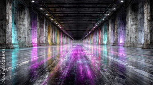 Long industrial corridor features massive concrete pillars illuminated with vibrant neon reflections on a wet floor