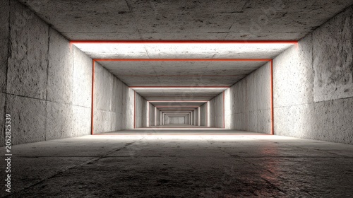 Endless concrete tunnel stretches into the distance illuminated by glowing linear lighting